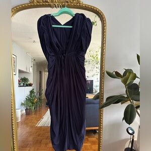 Malia mills Elegant Navy Blue Ruched V-Neck Dress Small